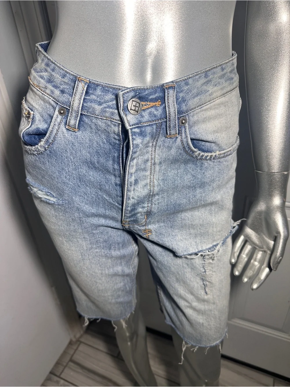 Ksubi Brooklyn Ripped Denim Bermuda Shorts 24 Blue Relaxed Mid Rise Long Jorts